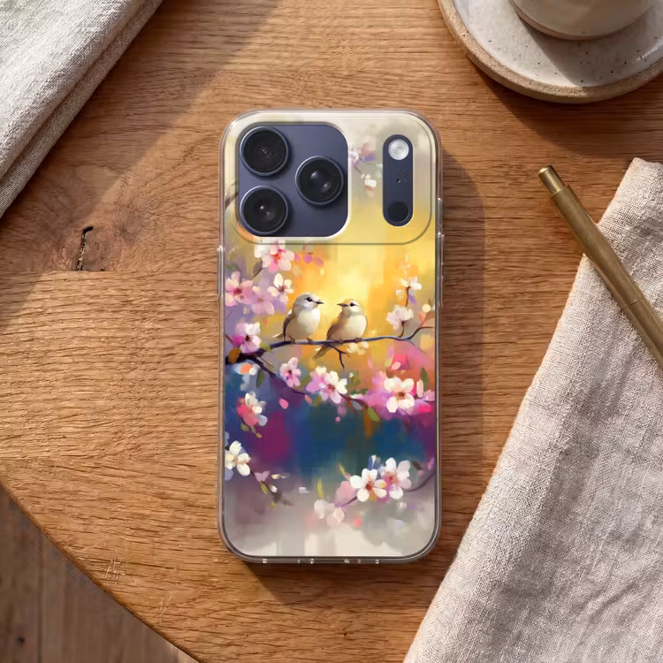 Vogels - Bloemen - Roze Telefoonhoesje iPhone 17 Pro klein -sfeer1