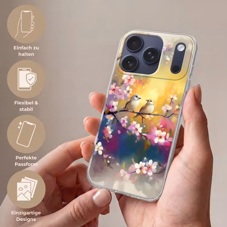 Vogels - Bloemen - Roze Telefoonhoesje iPhone 17 Pro klein -sfeer3_DE