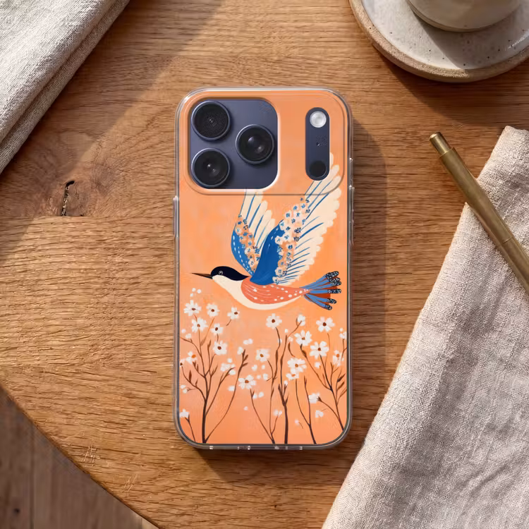 Vogel - Bloesemtakken - Warm - Kleurrijk Telefoonhoesje iPhone 17 Pro klein -sfeer1