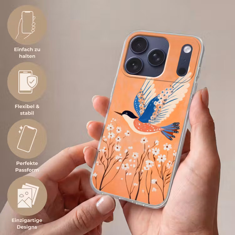 Vogel - Bloesemtakken - Warm - Kleurrijk Telefoonhoesje iPhone 17 Pro klein -sfeer3_DE