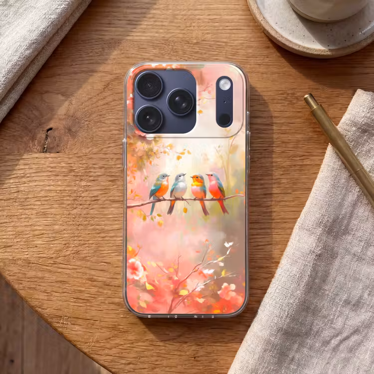 Vogels - Kleurrijk - Tak Telefoonhoesje iPhone 17 Pro klein -sfeer1