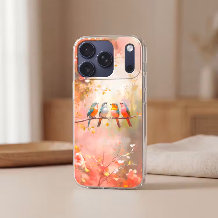 Vogels - Kleurrijk - Tak Telefoonhoesje iPhone 17 Pro klein -sfeer2