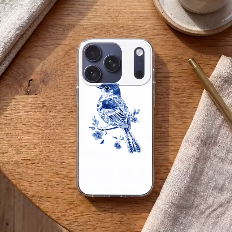Vogel - Delfts blauw - Illustratie - Bloemen Telefoonhoesje iPhone 17 Pro klein -sfeer1