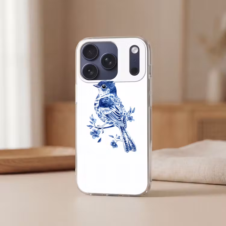 Vogel - Delfts blauw - Illustratie - Bloemen Telefoonhoesje iPhone 17 Pro klein -sfeer2