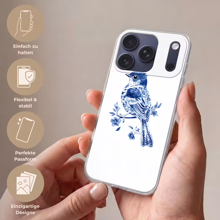 Vogel - Delfts blauw - Illustratie - Bloemen Telefoonhoesje iPhone 17 Pro klein -sfeer3_DE