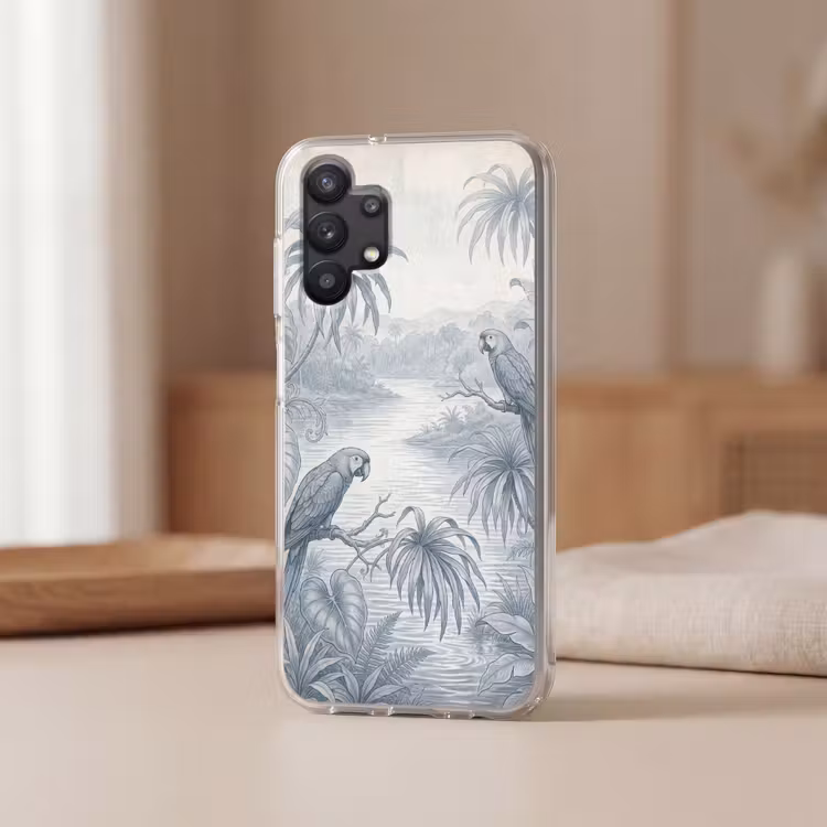 Vogel - Rivier - Tropisch - Illustratie - Blauw Telefoonhoesje Samsung Galaxy A32 5G klein -sfeer2