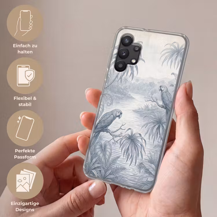 Vogel - Rivier - Tropisch - Illustratie - Blauw Telefoonhoesje Samsung Galaxy A32 5G klein -sfeer3_DE