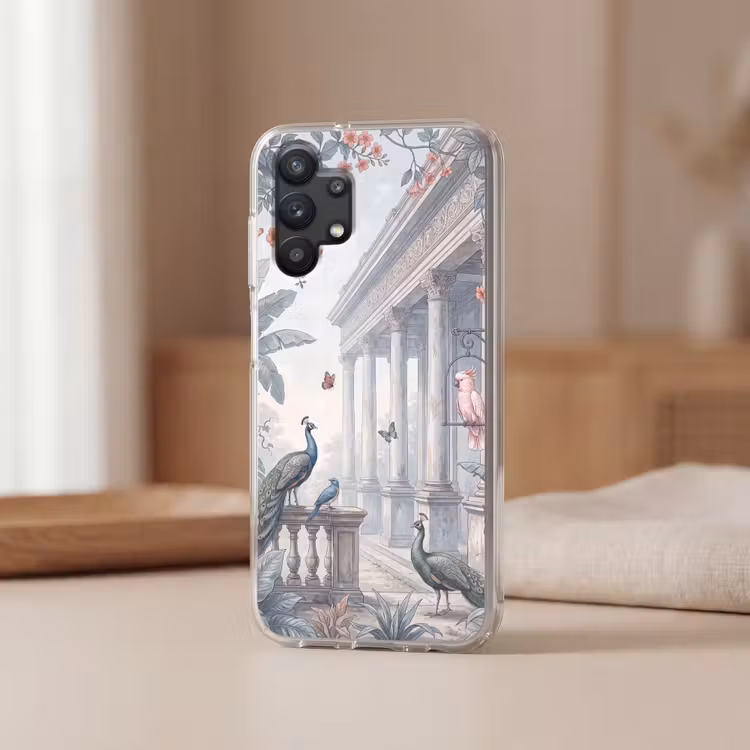 Vogel - Pauw - Architectuur - Klassiek - Groen Telefoonhoesje Samsung Galaxy A32 5G klein -sfeer2