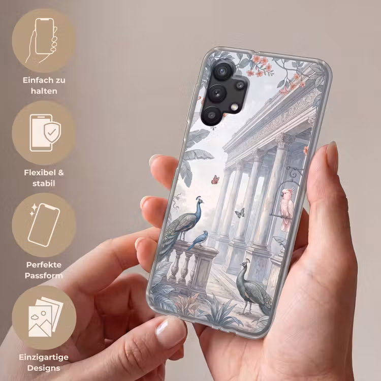 Vogel - Pauw - Architectuur - Klassiek - Groen Telefoonhoesje Samsung Galaxy A32 5G klein -sfeer3_DE