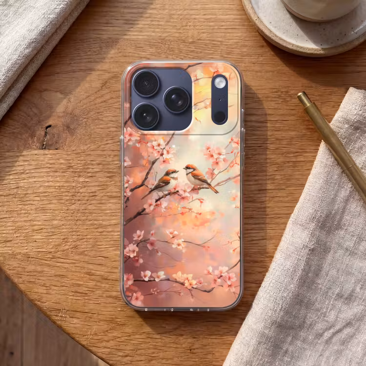 Vogels - Romantic - Bloesemtak Telefoonhoesje iPhone 17 Pro klein -sfeer1