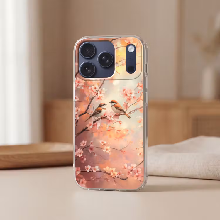 Vogels - Romantic - Bloesemtak Telefoonhoesje iPhone 17 Pro klein -sfeer2