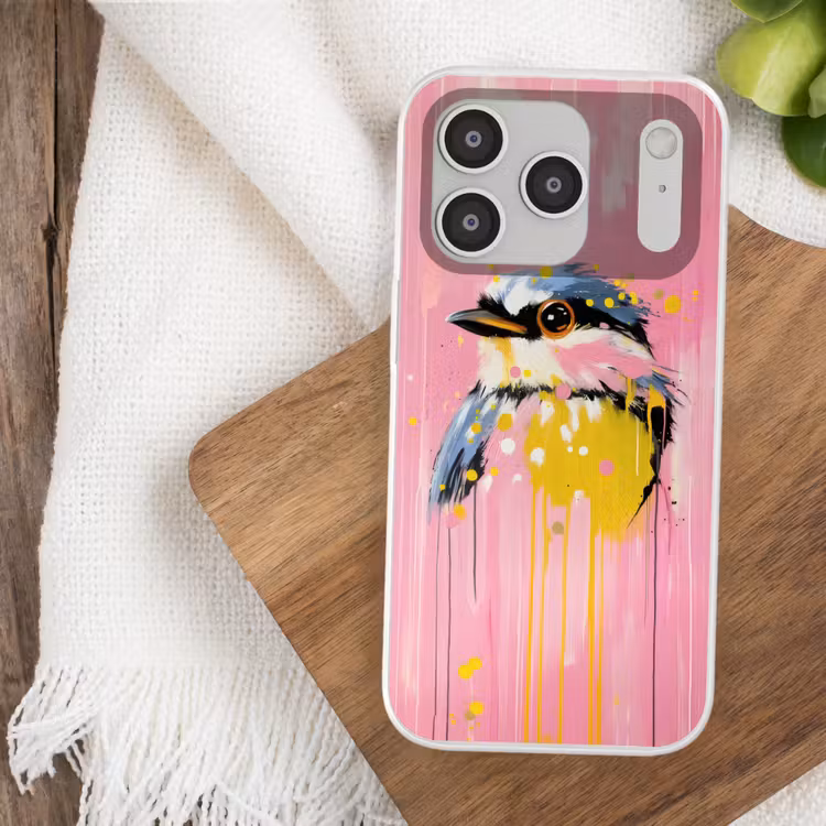 Vogel - Roze - Geel - Blauw Telefoonhoesje iPhone 17 Pro klein -sfeer1