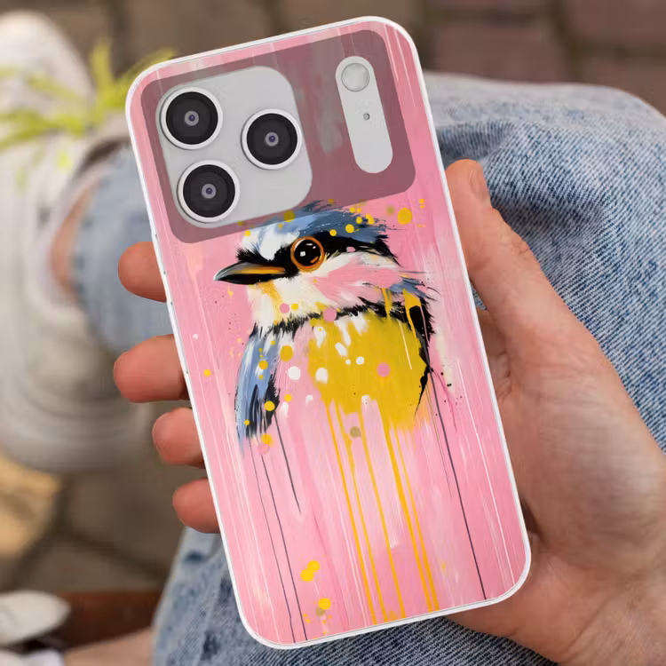 Vogel - Roze - Geel - Blauw Telefoonhoesje iPhone 17 Pro klein -sfeer2
