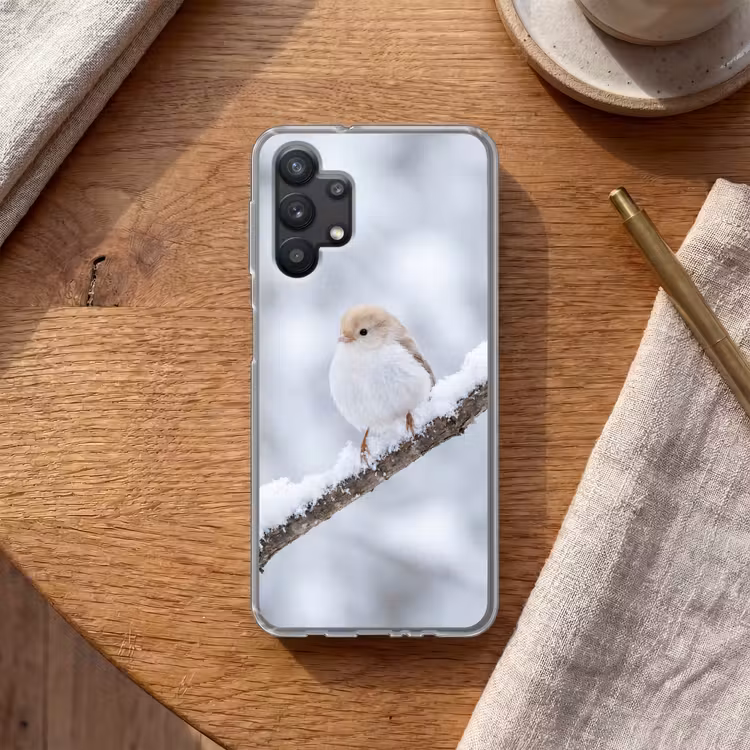 Vogeltje - Sneeuw - Tak - Winter - Zacht Telefoonhoesje Samsung Galaxy A32 5G klein -sfeer1