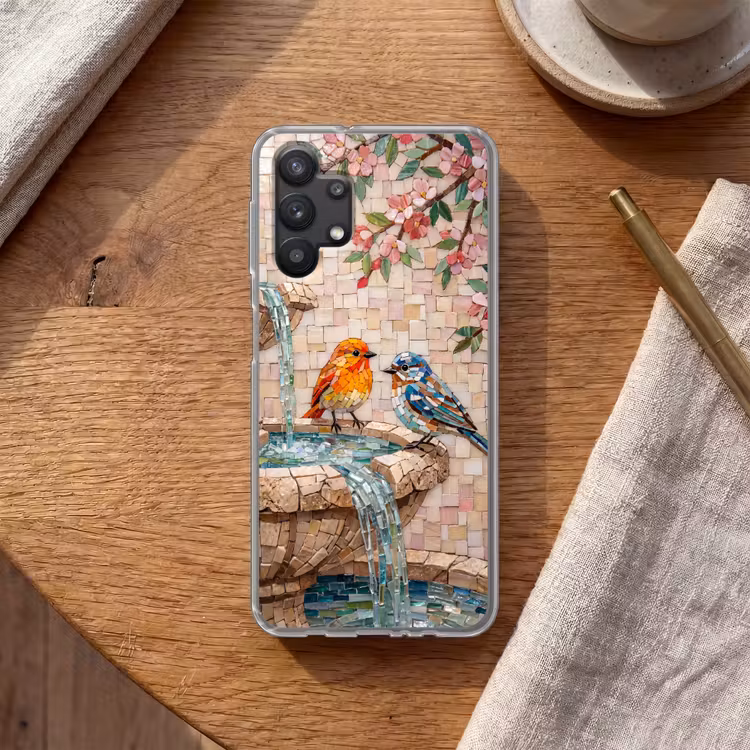Vogel - fontein - mozaiek - kleurrijk - dieren Telefoonhoesje Samsung Galaxy A32 5G klein -sfeer1
