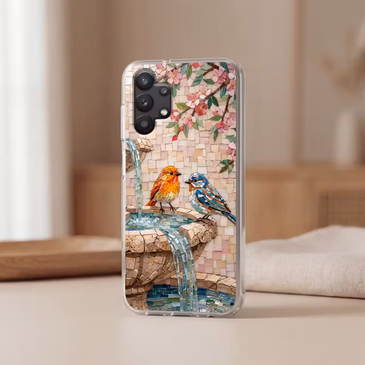 Vogel - fontein - mozaiek - kleurrijk - dieren Telefoonhoesje Samsung Galaxy A32 5G klein -sfeer2
