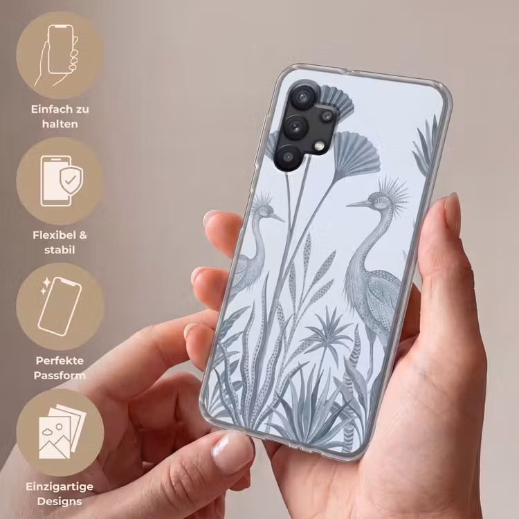 Vogel - Tropisch - Illustratie - Blauwgrijs - Natuur Telefoonhoesje Samsung Galaxy A32 5G klein -sfeer3_DE