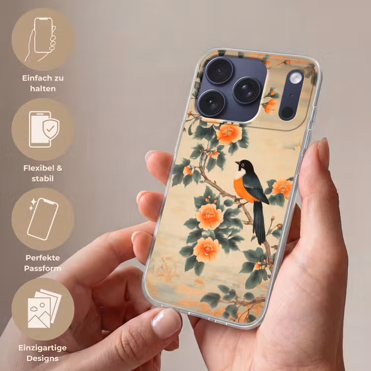 Vogel - Tak - Bloemen - Oranje Telefoonhoesje iPhone 17 Pro klein -sfeer3_DE