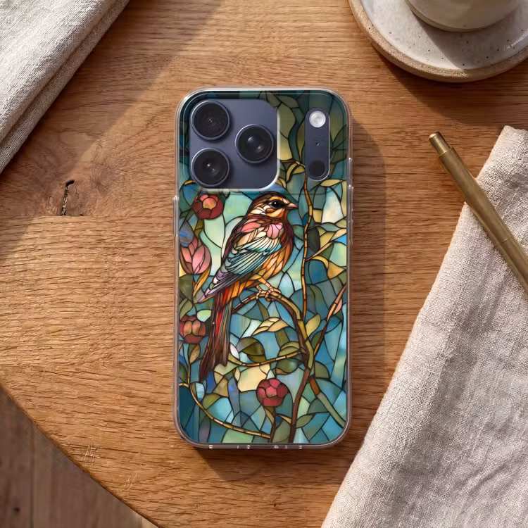 Vogel - Tak - Rozen - Mozaïek Telefoonhoesje iPhone 17 Pro klein -sfeer1