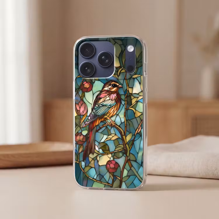 Vogel - Tak - Rozen - Mozaïek Telefoonhoesje iPhone 17 Pro klein -sfeer2