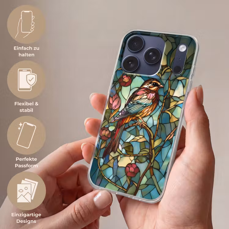 Vogel - Tak - Rozen - Mozaïek Telefoonhoesje iPhone 17 Pro klein -sfeer3_DE