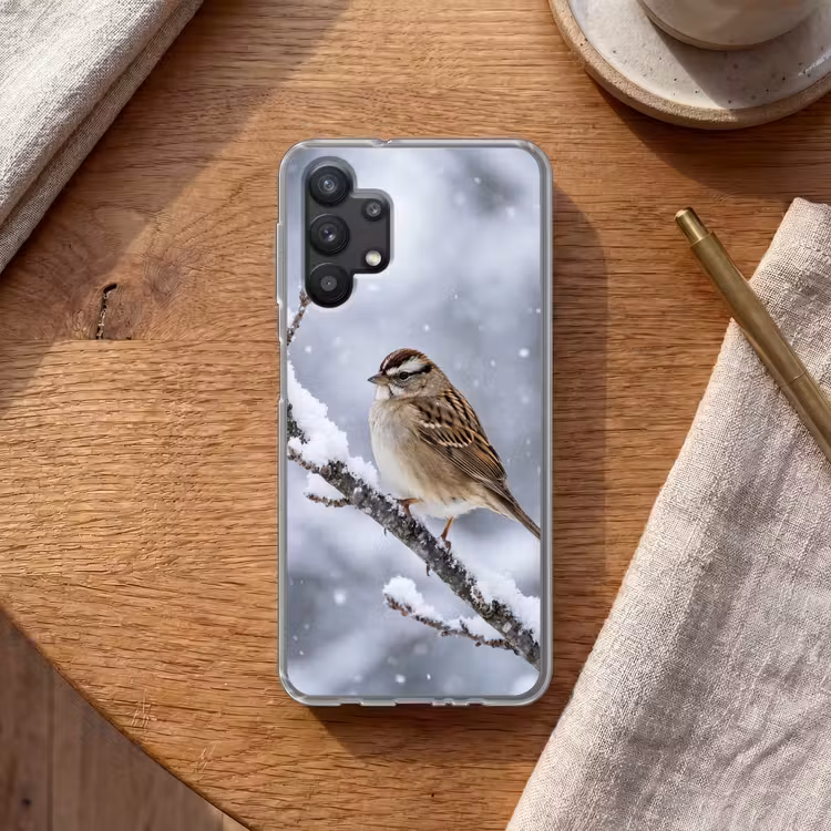 Vogel - Tak - Sneeuw - Winter Telefoonhoesje Samsung Galaxy A32 5G klein -sfeer1