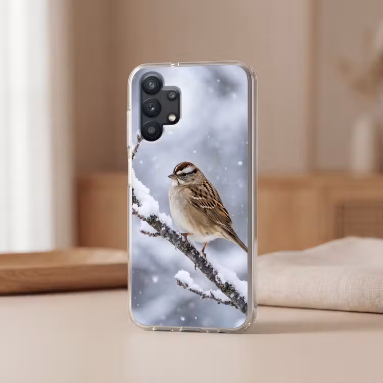 Vogel - Tak - Sneeuw - Winter Telefoonhoesje Samsung Galaxy A32 5G klein -sfeer2
