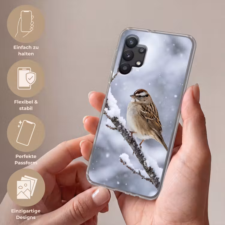 Vogel - Tak - Sneeuw - Winter Telefoonhoesje Samsung Galaxy A32 5G klein -sfeer3_DE