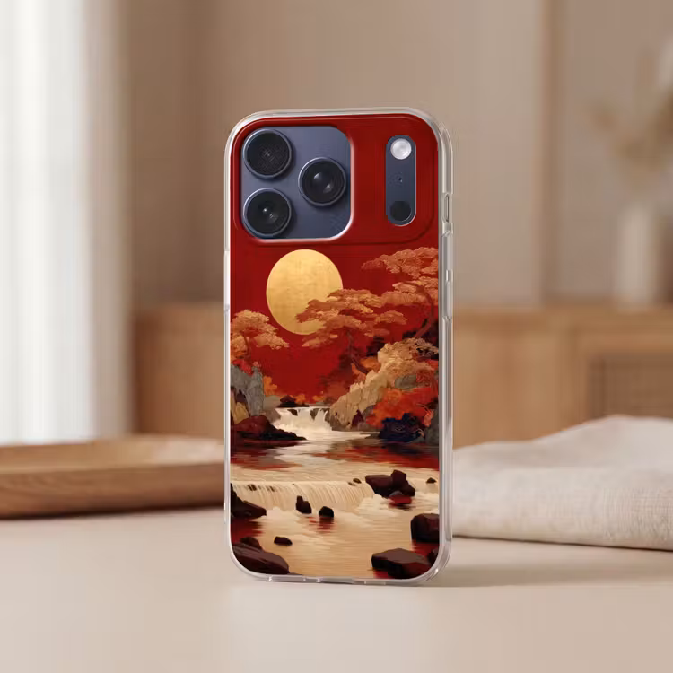 Volle maan - Landschap - Waterval Telefoonhoesje iPhone 17 Pro klein -sfeer2