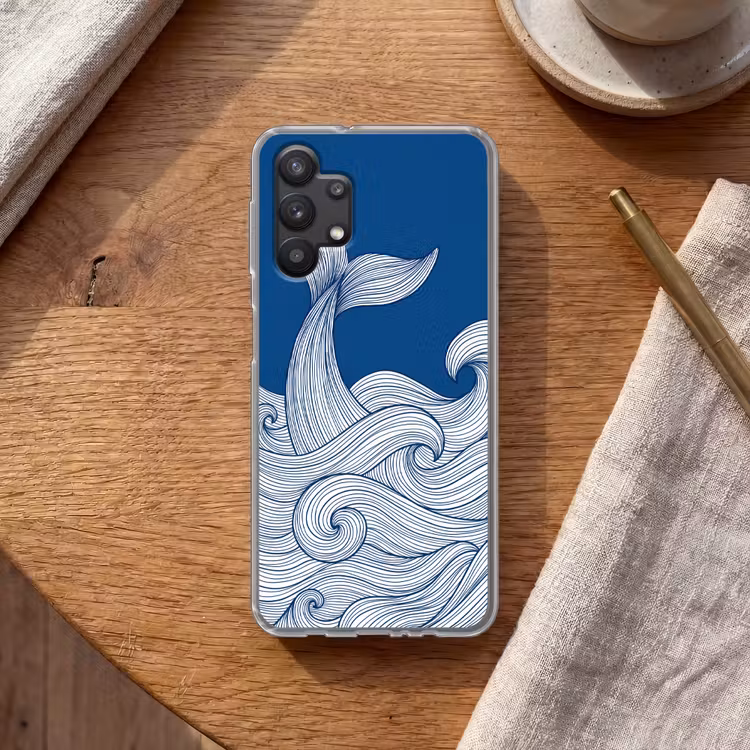 Walvis - Staart - Golven - Lijntekening - Blauw Telefoonhoesje Samsung Galaxy A32 5G klein -sfeer1