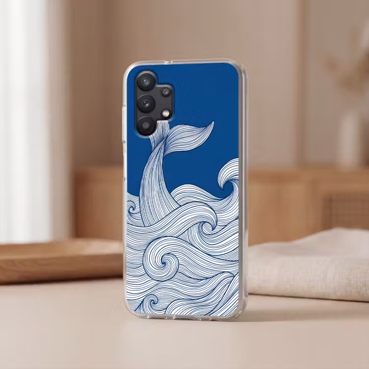 Walvis - Staart - Golven - Lijntekening - Blauw Telefoonhoesje Samsung Galaxy A32 5G klein -sfeer2