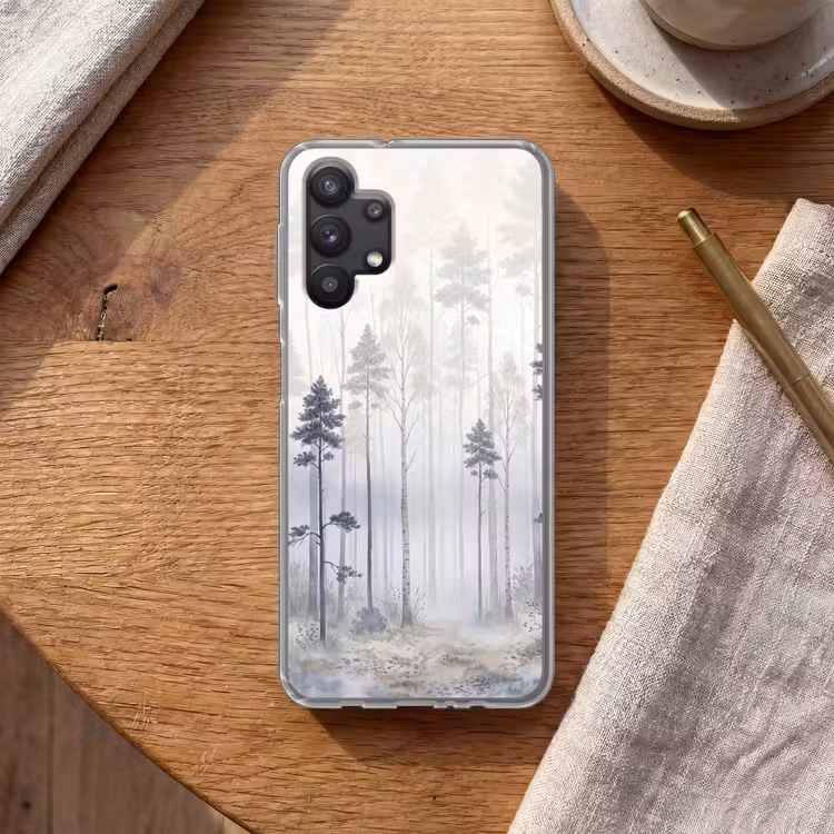 Bos - Bomen - Mist - Natuur - Illustratie - Grijs Telefoonhoesje Samsung Galaxy A32 5G klein -sfeer1