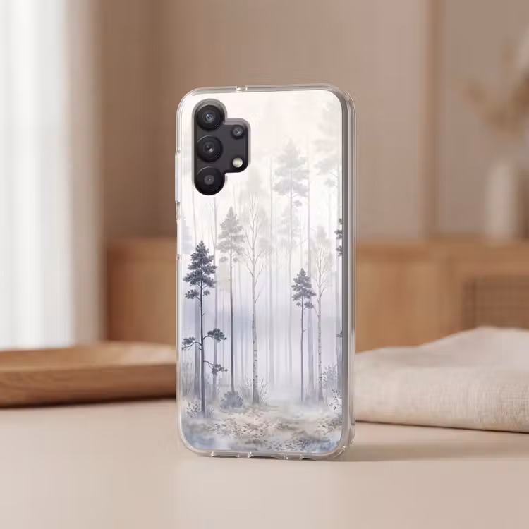 Bos - Bomen - Mist - Natuur - Illustratie - Grijs Telefoonhoesje Samsung Galaxy A32 5G klein -sfeer2