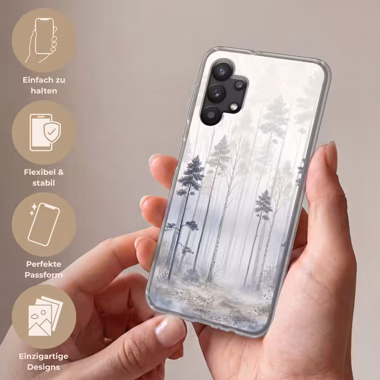 Bos - Bomen - Mist - Natuur - Illustratie - Grijs Telefoonhoesje Samsung Galaxy A32 5G klein -sfeer3_DE