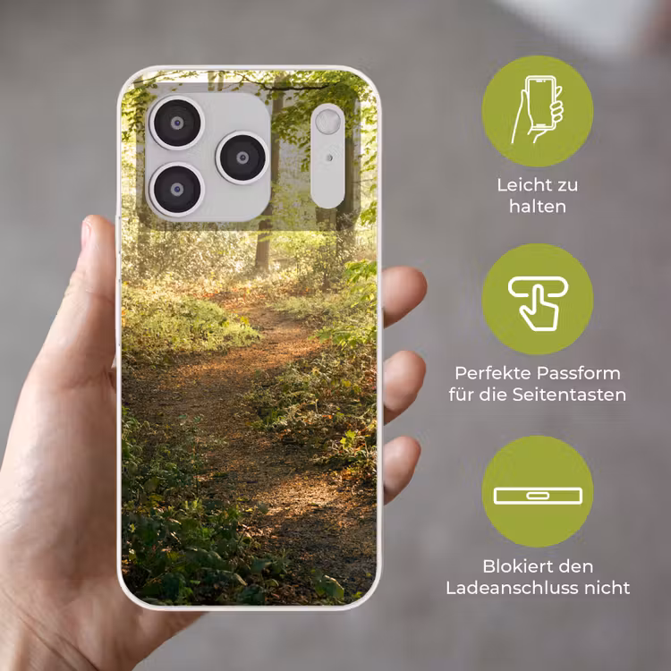 Bos - Bomen - Pad - Zon - Planten - Bladeren - Natuur Telefoonhoesje iPhone 17 Pro klein -sfeer3_DE