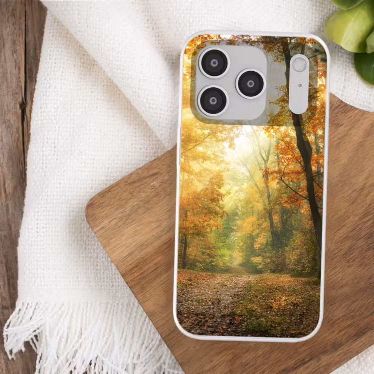 Bos - Herfst - Zon - Landschap - Natuur - Bomen - Bladeren Telefoonhoesje iPhone 17 Pro klein -sfeer1