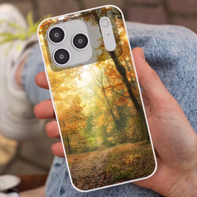 Bos - Herfst - Zon - Landschap - Natuur - Bomen - Bladeren Telefoonhoesje iPhone 17 Pro klein -sfeer2