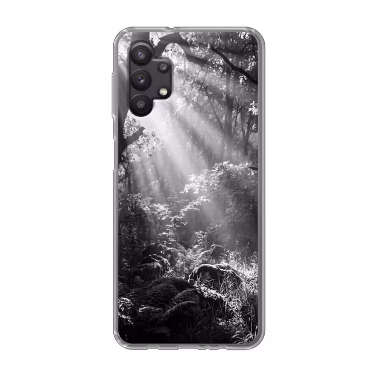 Bos - Lichtstralen - Natuur - Zwart-wit Telefoonhoesje Samsung Galaxy A32 5G klein -3d