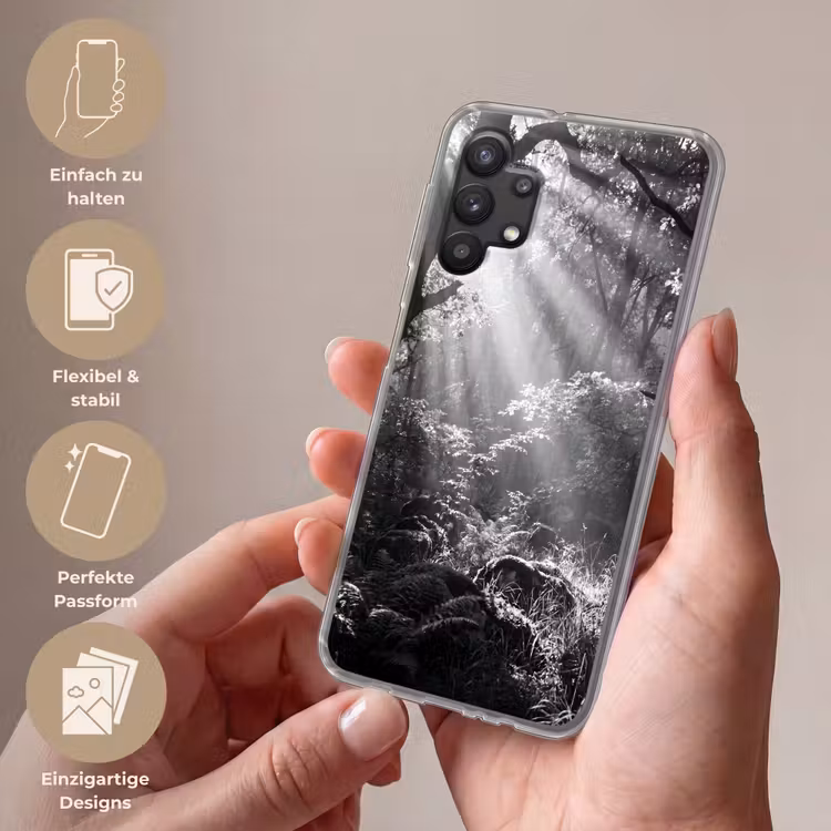 Bos - Lichtstralen - Natuur - Zwart-wit Telefoonhoesje Samsung Galaxy A32 5G klein -sfeer3_DE