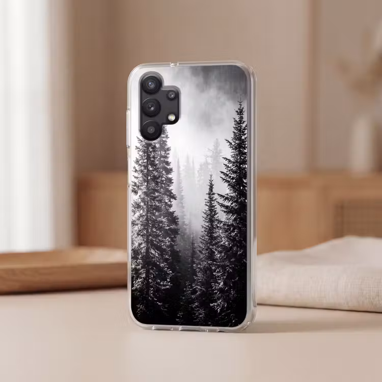Bos - Mist - Winter - Monochroom - Natuur Telefoonhoesje Samsung Galaxy A32 5G klein -sfeer2