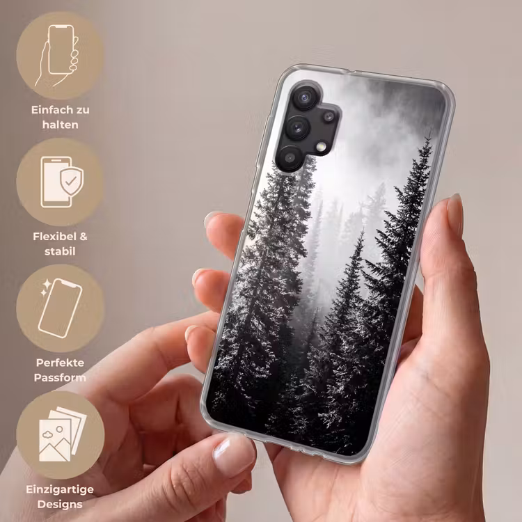 Bos - Mist - Winter - Monochroom - Natuur Telefoonhoesje Samsung Galaxy A32 5G klein -sfeer3_DE