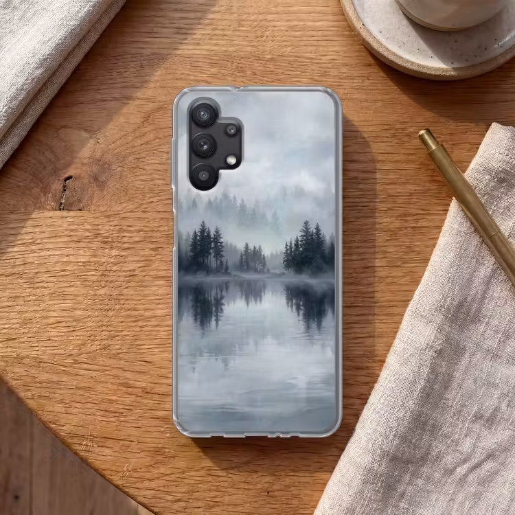 Bos - Meer - Mist - Natuur - Grijs Telefoonhoesje Samsung Galaxy A32 5G klein -sfeer1