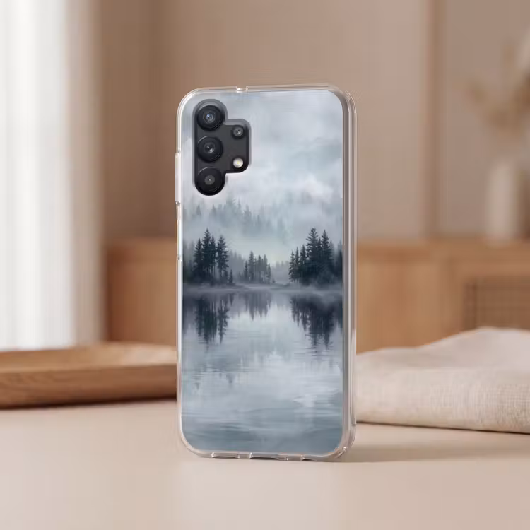 Bos - Meer - Mist - Natuur - Grijs Telefoonhoesje Samsung Galaxy A32 5G klein -sfeer2
