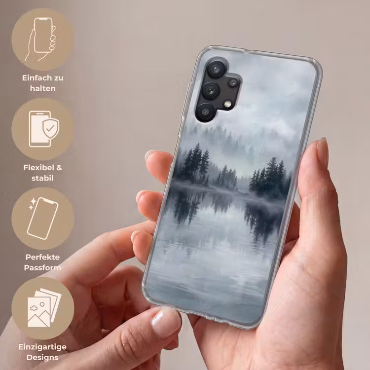 Bos - Meer - Mist - Natuur - Grijs Telefoonhoesje Samsung Galaxy A32 5G klein -sfeer3_DE