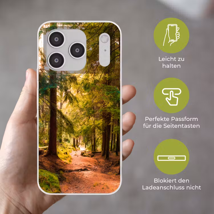Bos - Pad - Bomen - Groen - Zon - Natuur Telefoonhoesje iPhone 17 Pro klein -sfeer3_DE