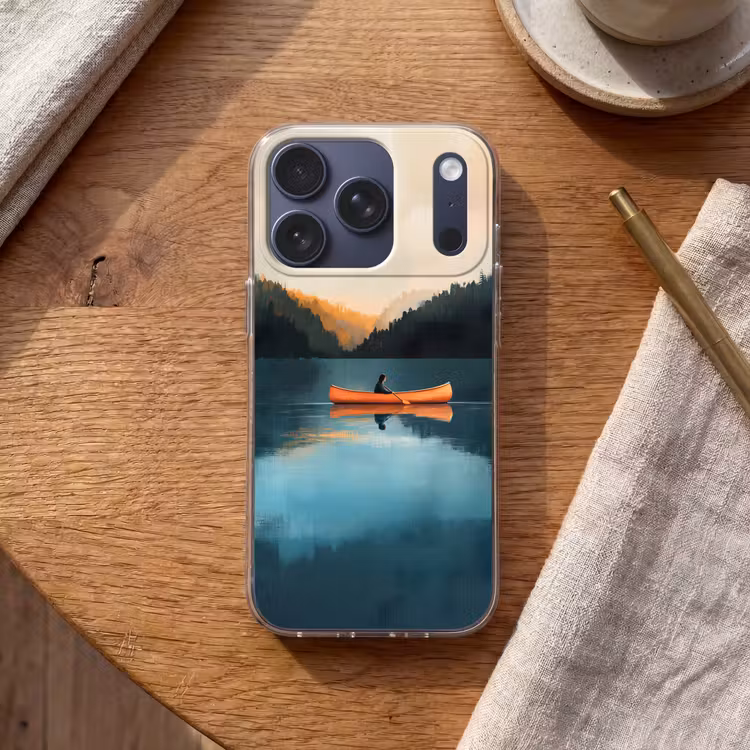 Bossen - Meer - Kano - Oranje Telefoonhoesje iPhone 17 Pro klein -sfeer1
