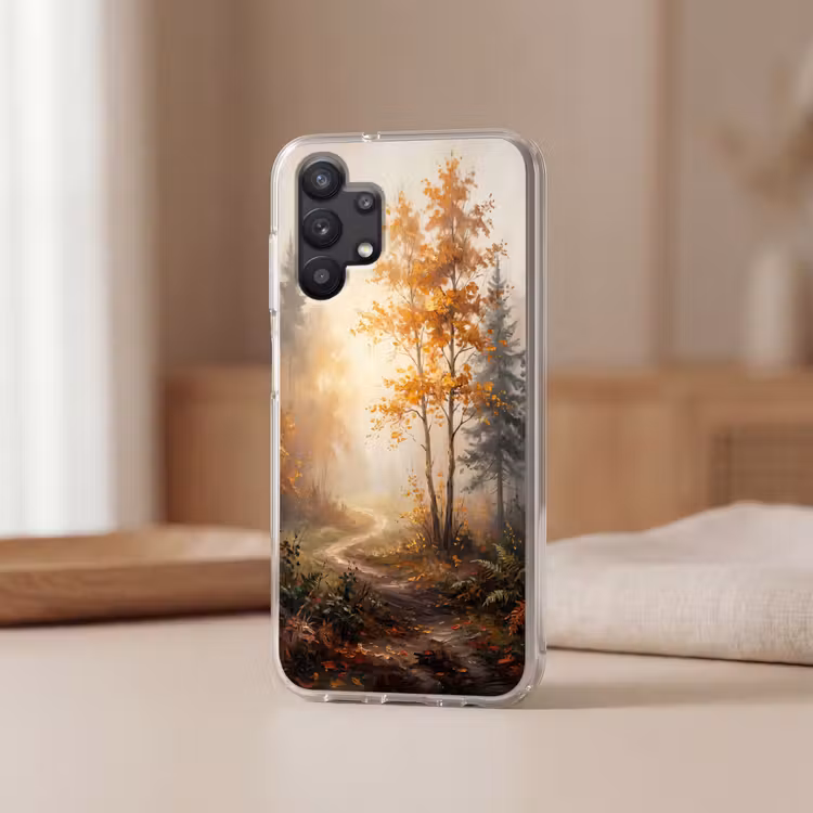 Bospad - Herfstbladeren - Natuur - Schilderachtig - Oranje Telefoonhoesje Samsung Galaxy A32 5G klein -sfeer2