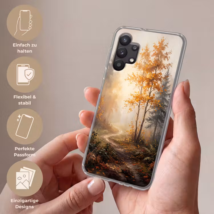 Bospad - Herfstbladeren - Natuur - Schilderachtig - Oranje Telefoonhoesje Samsung Galaxy A32 5G klein -sfeer3_DE