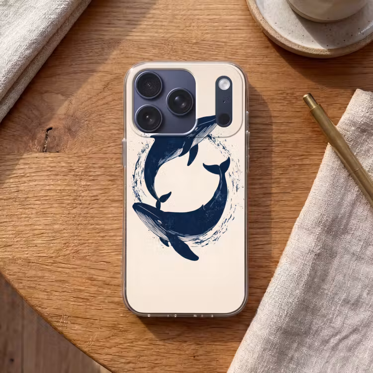 Walvissen - Spetters - Cirkel - Donkerblauw Telefoonhoesje iPhone 17 Pro klein -sfeer1