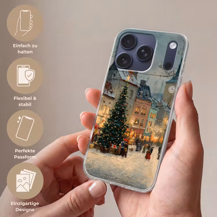 Kerstsfeer - Stadsplein - Kleurrijk Telefoonhoesje iPhone 17 Pro klein -sfeer3_DE